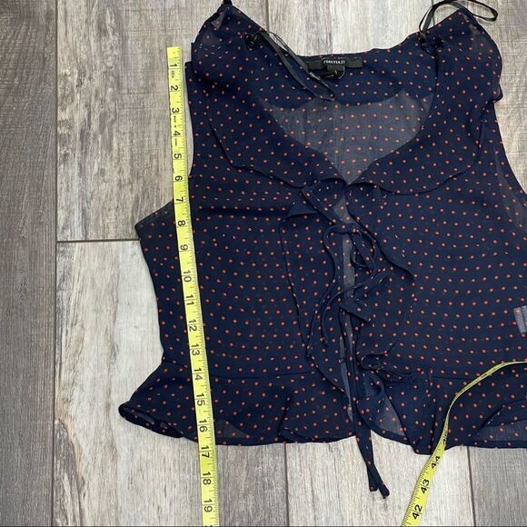 Forever 21 Sheer Peplum Navy and Orange Polkadot Crop Top Size Small - Picture 11 of 12